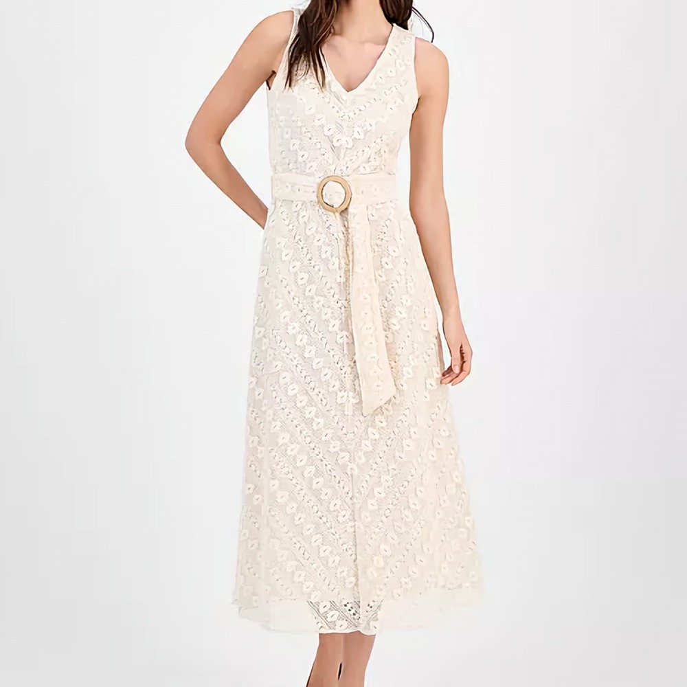 Anne Klein Lace Belted Sleeveless V Neck Knit Natural Midi Dress Womens Size S